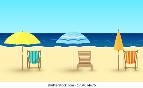 Dibujo vectorial de la playa de arena, sillas, sombrillas sobre el fondo del mar. Sillones de playa, sombrillas de diseño, tarjeta, concepto de viaje. Vacaciones de verano, playa vacía, coronavirus Covid-19, bloqueo. 