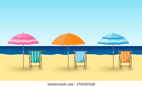 Vector cartoon illustration of sandy beach, chairs, umbrellas on sea background. Beach chairs with social distance 2 m. Travel concept. Summer vacation 2020, empty beach, coronavirus Covid-19 lockdown