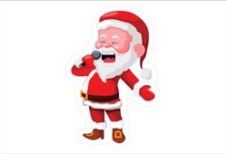 Vector cartoon illustration of Santa Claus is holding mike and singing songs. Isolated on white background.