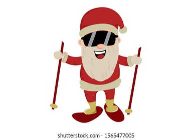 Vector cartoon illustration of Santa Claus holding snow skis. Isolated on white background.