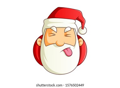 Vector cartoon illustration of Santa Claus with closed eyes showing a tongue. Isolated on white background.