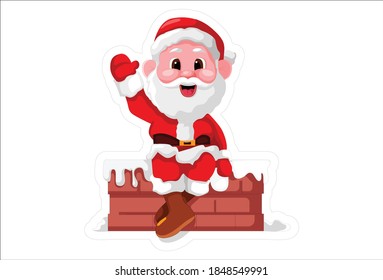 Vector cartoon illustration of Santa Claus is sitting on the fireplace and waving his hand. Isolated on white background.