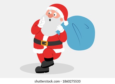 Vector cartoon illustration. Santa Claus is holding a gift bag on his shoulder and pointing finger with another hand. Isolated on a grey background.