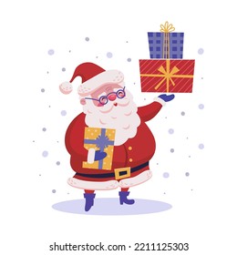 Vector cartoon illustration of Santa Claus standing with a lot of bright gifts. Merry Christmas, Happy New Year design, attribute, element, symbol. Isolated on a white background