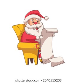 Vector cartoon illustration of Santa Claus reading a list for Christmas preparation. Christmas decoration design