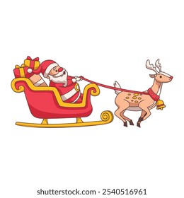 Vector cartoon illustration of Santa Claus and sleigh with reindeer to deliver Christmas gifts. Christmas decoration design