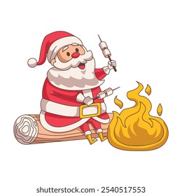 Vector cartoon illustration of Santa Claus near the campfire during Christmas winter night. Christmas decoration design