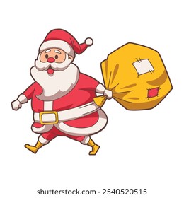 Vector cartoon illustration of Santa Claus carrying sack of presents for Christmas delivery. Christmas decoration design