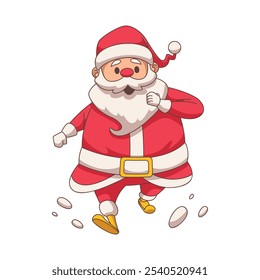 Ilustración de dibujos animados de Vector de Santa Claus corriendo en la nieve para la alegría de las Navidades. Diseño de decoración de Navidad