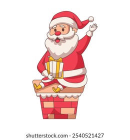 Vector cartoon illustration of Santa Claus emerging from a chimney for Christmas gift box surprise. Christmas decoration design