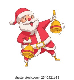 Vector cartoon illustration of Santa Claus ringing bells for Christmas celebration. Christmas decoration design