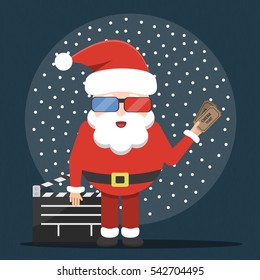 Vector cartoon illustration of Santa Claus in cinema with tickets. Concept of Merry Christmas and Happy New Year