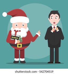 Vector cartoon illustration of Santa Claus giving money bonus gift to the businessman. Concept of Merry Christmas and Happy New Year