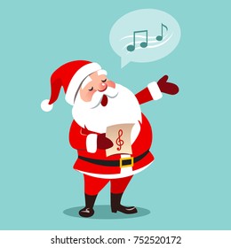 Vector cartoon illustration of Santa Claus singing Christmas carols, holding sheet music in one hand, musical notes in speech bubble, isolated on aqua blue background, contemporary flat style