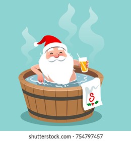 Vector cartoon illustration of Santa Claus sitting in a wooden hot tub, holding glass of orange juice. Christmas theme design element, flat contemporary style, isolated on aqua blue