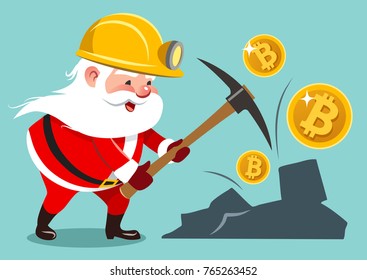 Vector cartoon illustration of Santa Claus wearing mining helmet working with pickaxe mining golden bitcoins.
Finance, cryptocurrency, virtual money, business, Christmas holiday concept design element