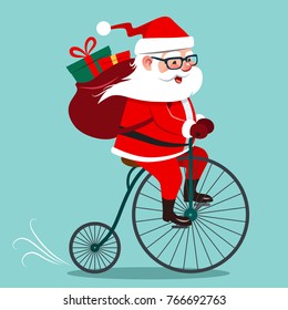 Vector cartoon illustration of Santa Claus riding antique vintage penny-farthing bicycle, with backpack full of gifts on back. Retro hipster Christmas holiday contemporary flat style design element.