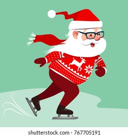 Vector cartoon illustration of Santa Claus wearing red sweater with Nordic reindeer pattern, ice skating.
Winter Christmas holiday outdoor sport activities design element in contemporary flat style.