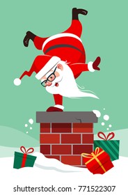 Vector cartoon illustration of Santa Claus on house roof doing handstand on chimney, with colorful wrapped presents lying around in snow. Funny humorous Christmas winter holiday greeting card design 