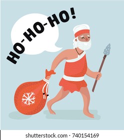 Vector cartoon illustration of Santa Clause in prehistoric era carrying bag with Merry Christmas presents. Ho-ho-ho Stone age style.