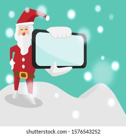 Vector cartoon illustration, Santa Holding a mobile phone, snow falling in the background.