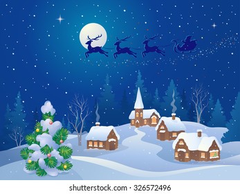 Vector cartoon illustration Santa sleigh flying over small snowy village