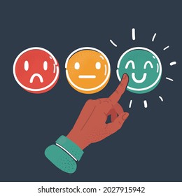 Vector cartoon illustration of satisfaction level. Good, normal, bad. Human hands push icon with good emotion on dark background.