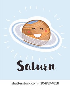 Vector cartoon illustration of Saturn with smiling cute face on isolated backround. Hand drawn lettering name.
