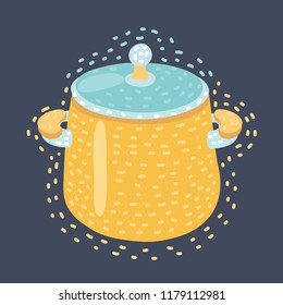 Vector cartoon illustration of saucepan. Funny hand drawing on dark background.