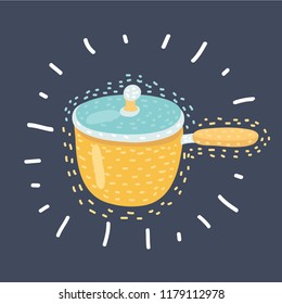 Vector cartoon illustration of Saucepan with long handle on dark background. Funny object in modern style on dark background.