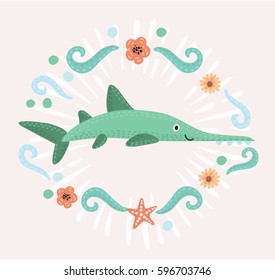 Vector cartoon illustration of saw fishcharacter decorated with marine elements