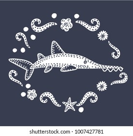 Vector cartoon illustration cartoon saw-fish on black background Sea . Decorative, Stylized. Line art. Black and white on dark background. Modern style graphic decorated by flower