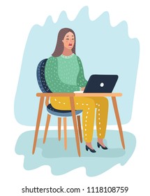 Vector cartoon illustration of scared or astonished woman look at her laptop. Girl sit at the table in office or home.