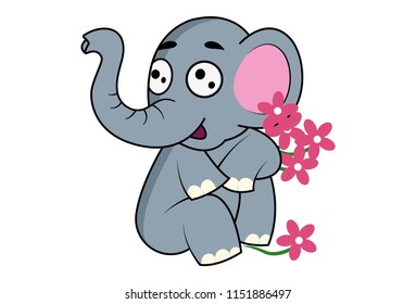 Vector cartoon illustration of scared elephant sitting with flowers. Isolated on white background.