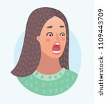 Vector cartoon illustration of Scared female facial expression of girl avatar. Young woman face, people emoticon icon, emoji on white background.
