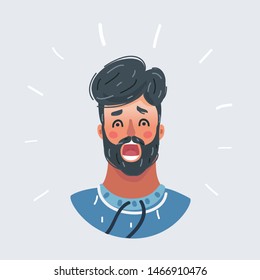 Vector cartoon illustration of Scared and panicked young man screaming, emotional guy afraid. Male face on white background.