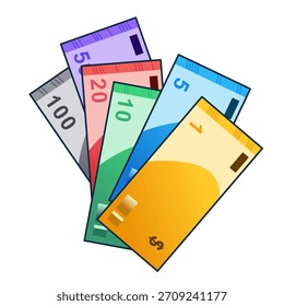 Vector ilustración de dibujos animados de billetes dispersos de varias denominaciones. Aislado en un fondo blanco. Perfecto para negocios, finanzas, inversiones, Plantillas de billetes.