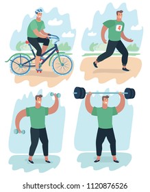 Vector cartoon illustration of scene set of man doing warm-up and exercises with barbell and dumbbells, riding bike and running at the park. Cardio, anaerobic aerobic workouts