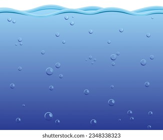 vector cartoon illustration of a scene in the water near the surface dark blue in the depths to light blue on the surface of the sea with many round shaped bubbles that appear to move up to the surfac