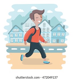 Vector cartoon illustration of school boy with a backpack walking on the streets. Town landscape behind him on background
