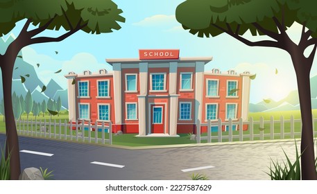 Vector cartoon illustration. School building on a green lawn and road between trees. Educalion and learning.