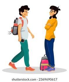 Dibujo vectorial de niños en edad escolar en un fondo blanco aislado. Muchacho y muchacha juntos. Los adolescentes pasan tiempo juntos.