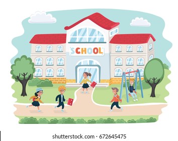 Vector cartoon illustration of school children going to school. Girls and boys in hurry