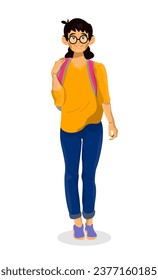 Vector cartoon illustration of school girl with backpack. Cute funny character on a white isolated background.