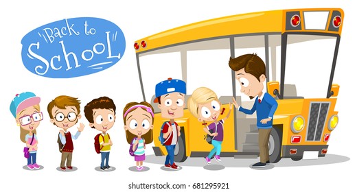 Vector Cartoon Illustration Of School Kids Entering The Bus And Teacher Or Driver Giving High Five Them. Back To School Illustration Isolated On White Background