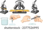 Vector cartoon illustration of a science experiment with microscope and sample analysis