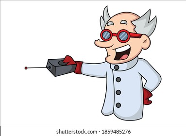 Vector cartoon illustration. The scientist is holding the remote in hand and press the button. Isolated on white background.