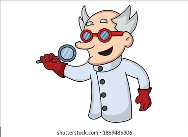 Vector cartoon illustration. Scientist is holding a magnifying glass in hand. Isolated on white background.