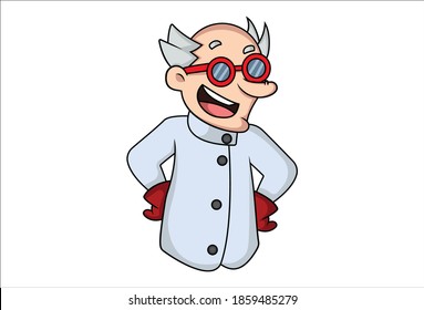Vector cartoon illustration. The scientist is putting his hands on waist and laughing. Isolated on white background.  