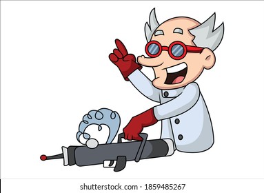 Vector cartoon illustration. The scientist is working with the equipment and excited. Isolated on white background.  